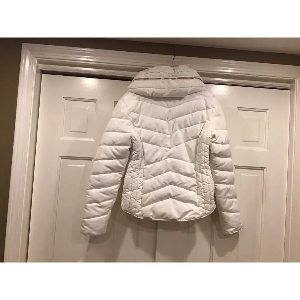 Zara Basic White Winter Coat Full Zip Women Sz M Rose Gold Tone W/Hide Away Hood